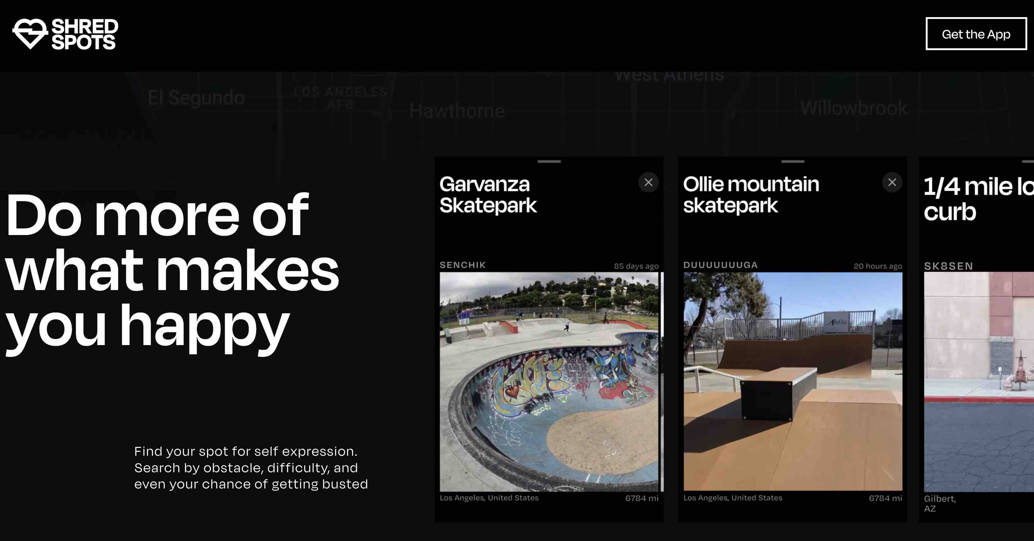 Skateboarding app UI showing curated skate spot cards with inspirational messaging, part of ShredSpots brand identity designed by Studio Wisdom