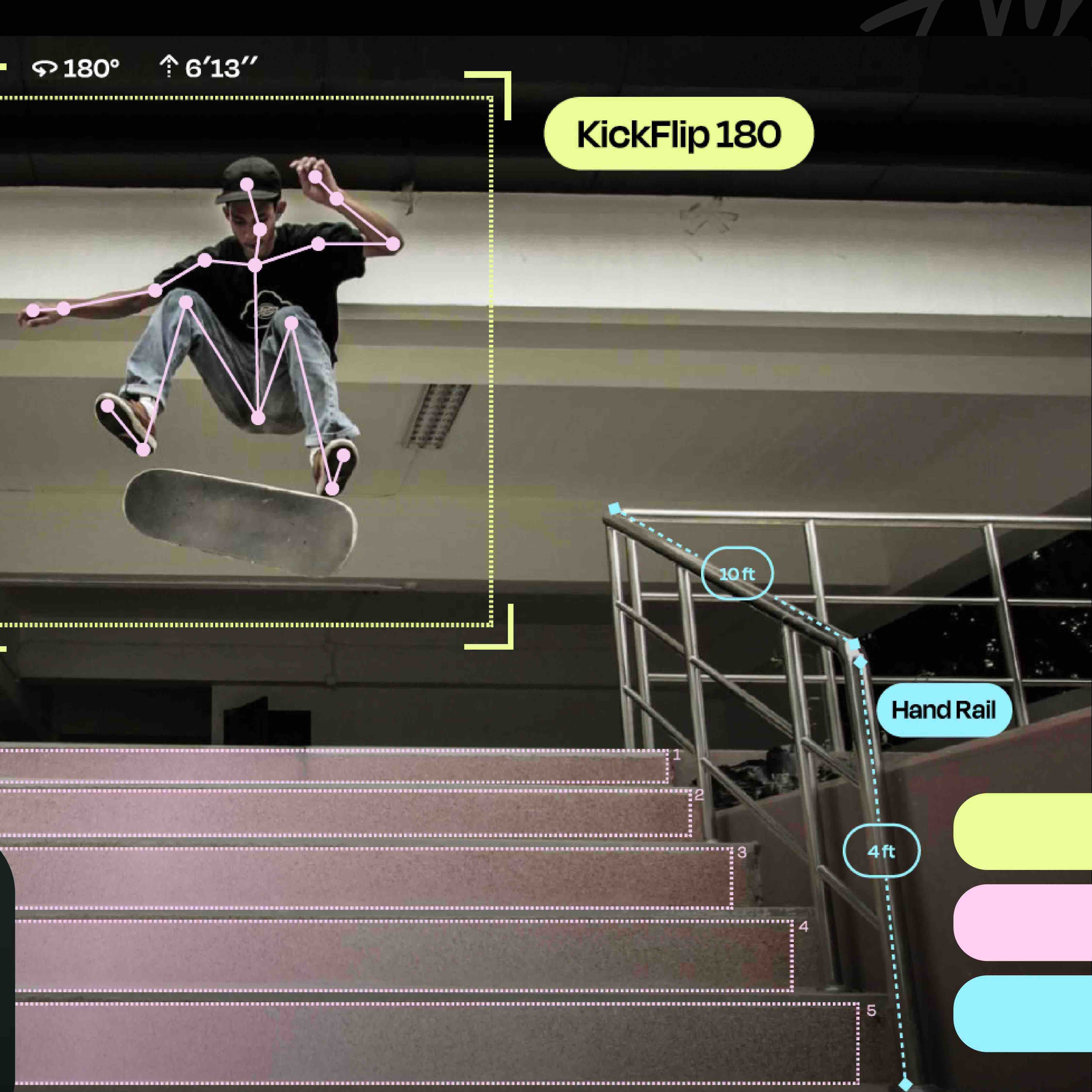 Augmented reality interface showing trick tagging and stair analytics in ShredSpots app, part of innovative brand system by Studio Wisdom