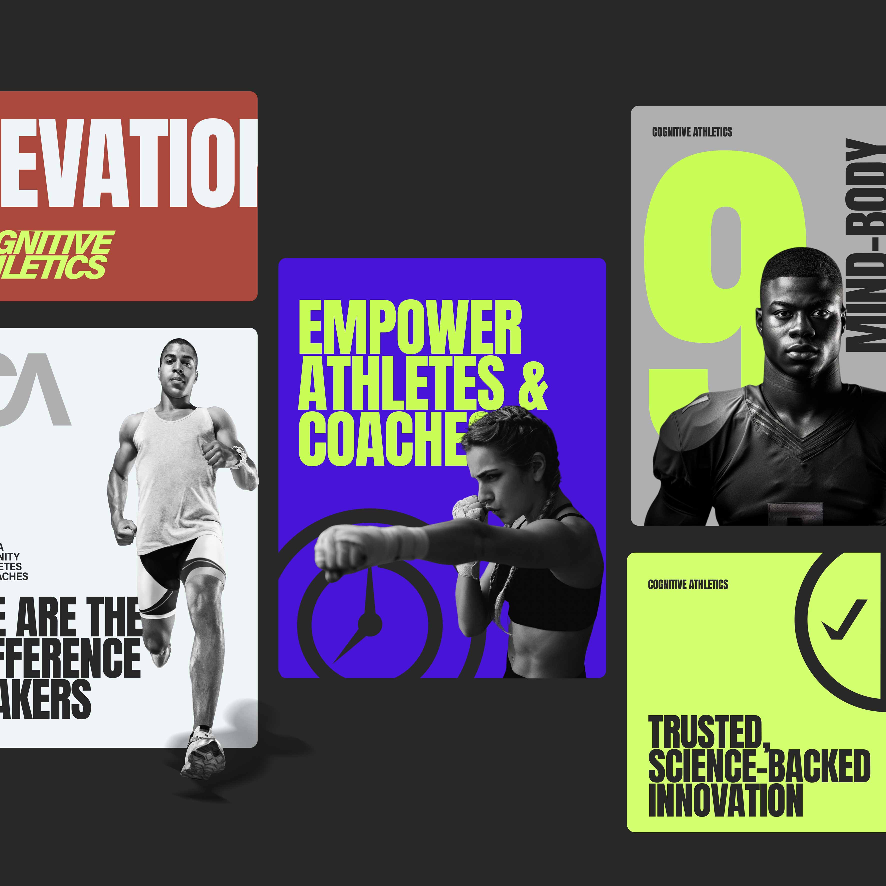 Bold visual identity system for Cognitive Athletics showing elevation, empowerment, and mind-body training developed by Wisdom Studio branding agency