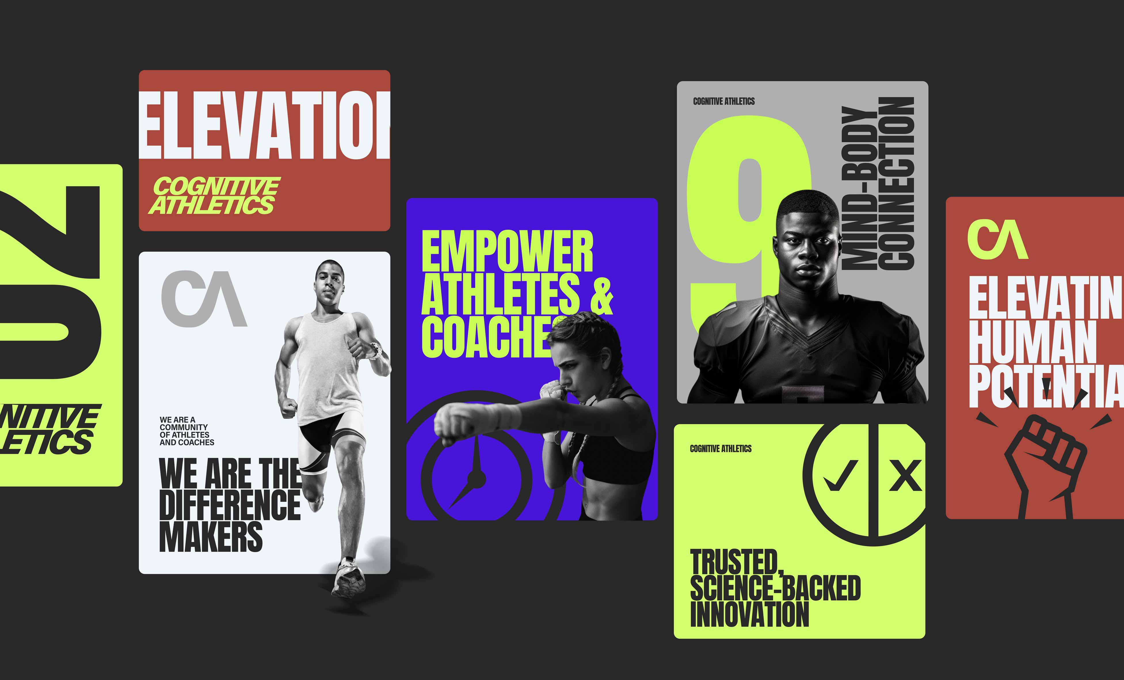 Bold visual identity system for Cognitive Athletics showing elevation, empowerment, and mind-body training developed by Wisdom Studio branding agency