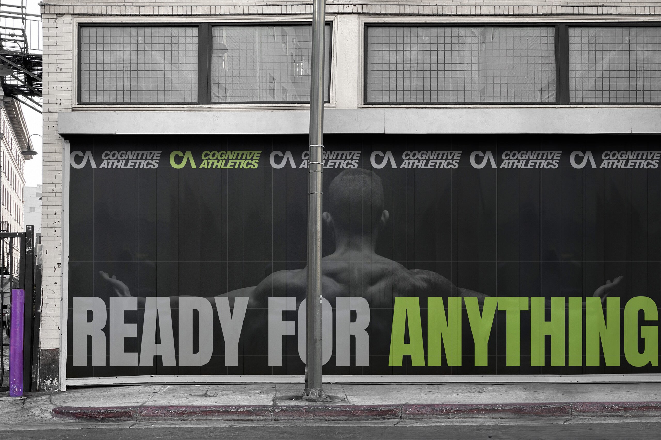 Branded storefront design for Cognitive Athletics featuring tagline ‘Ready For Anything’ and repeated logo pattern across large format