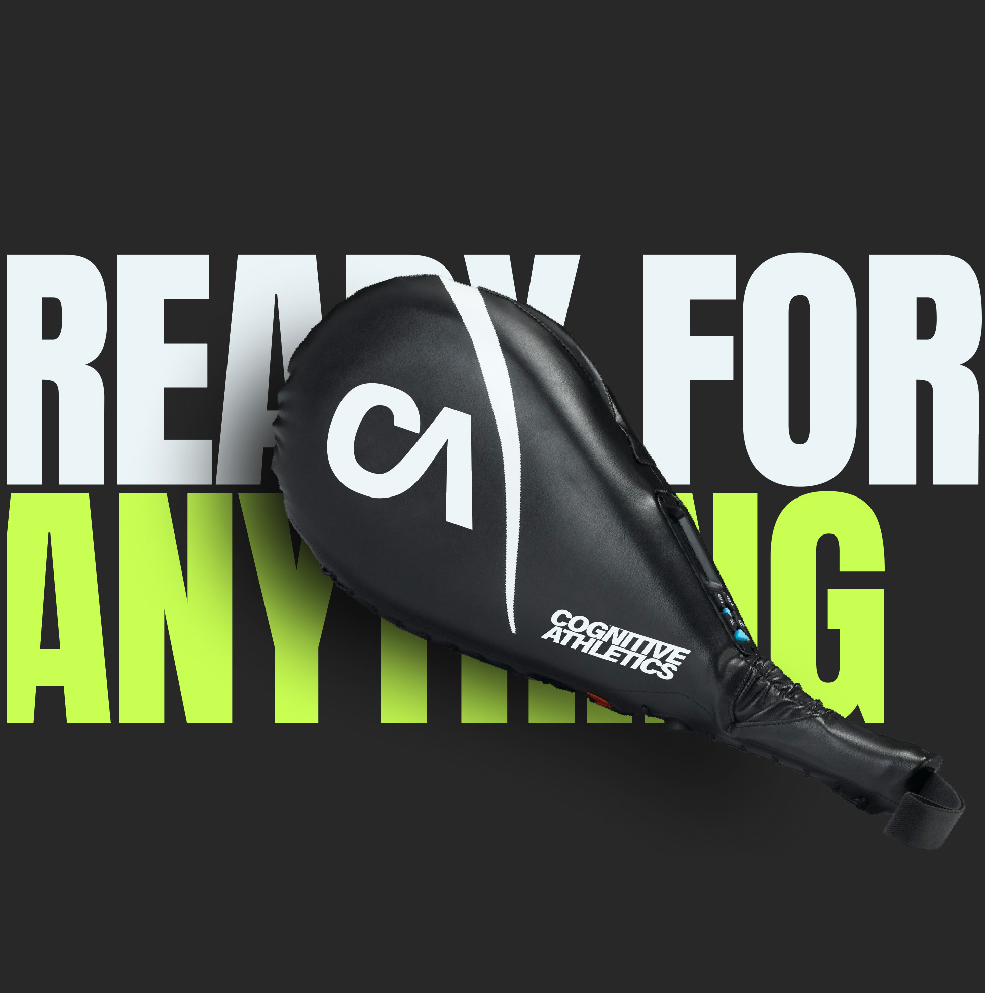 Cognitive Athletics branded training paddle with bold CA logo placed over ‘Ready For Anything’ tagline representing brand positioning and performance mindset by Studio Wisdom