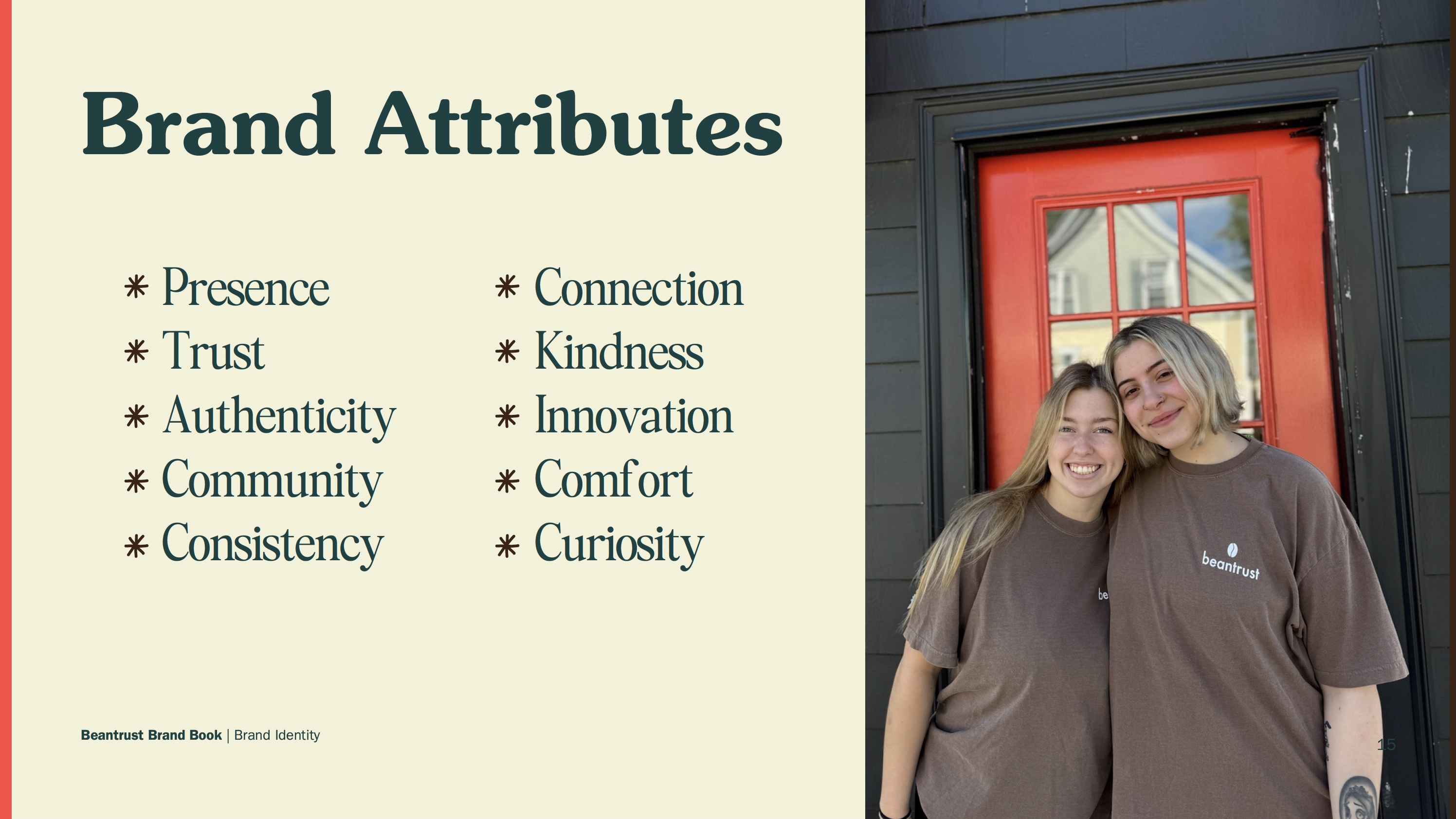 Brand attributes for Beantrust: community, authenticity, curiosity and more, visually presented by Studio Wisdom