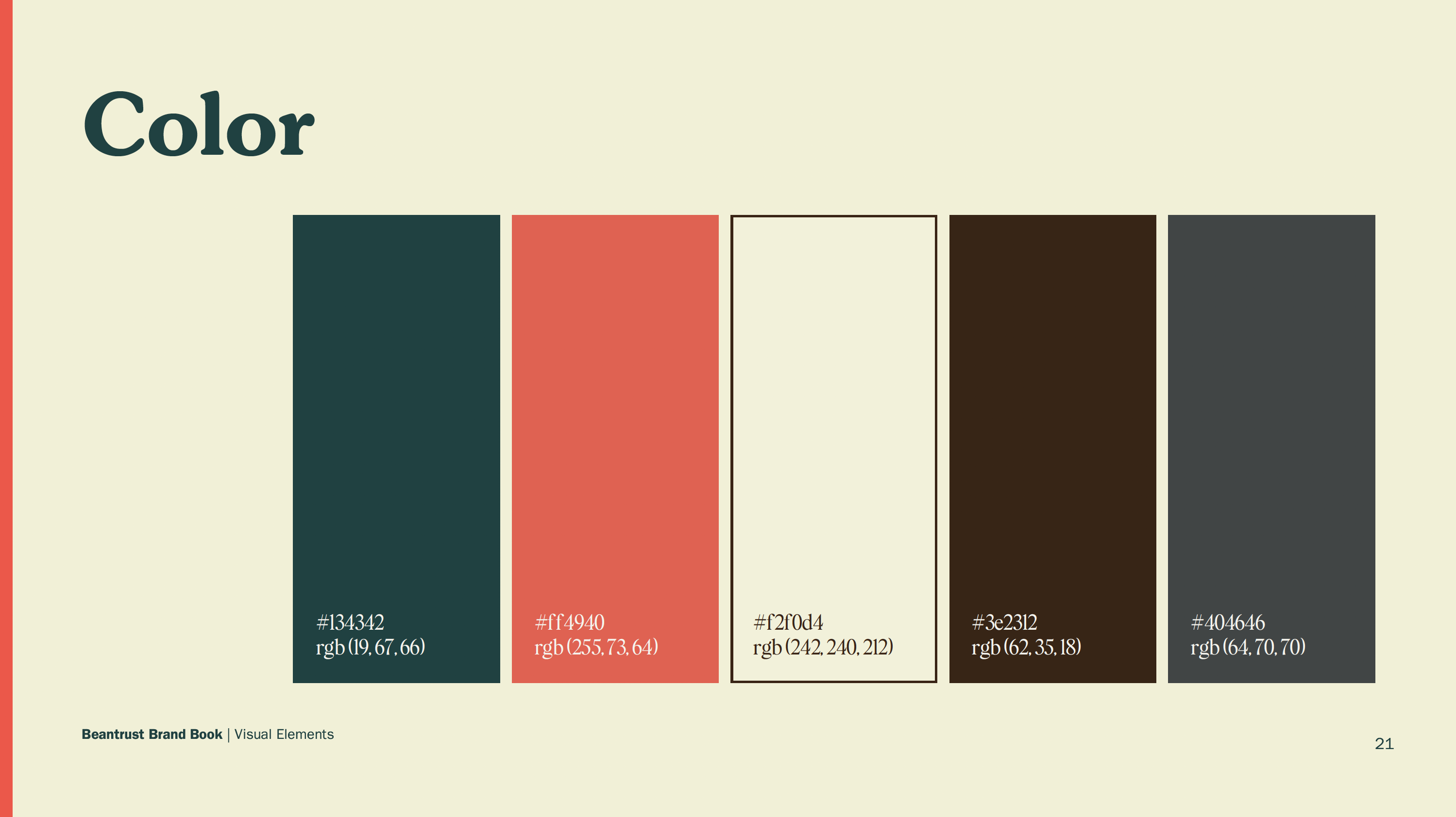 Color palette for Beantrust’s visual identity — rich tones designed to evoke warmth and trust