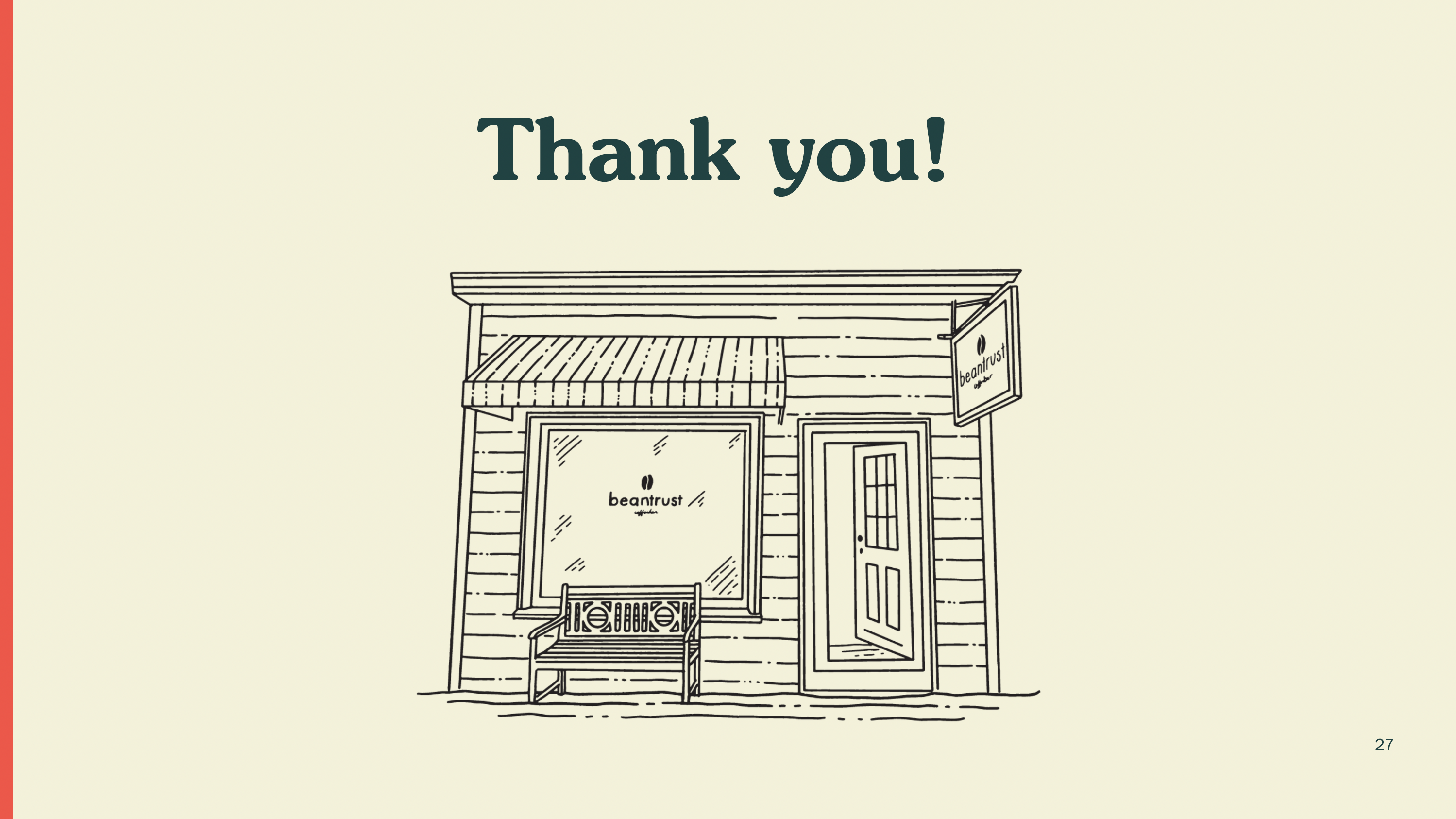 Hand-drawn storefront illustration with a “Thank You!” headline, part of Beantrust’s visual identity