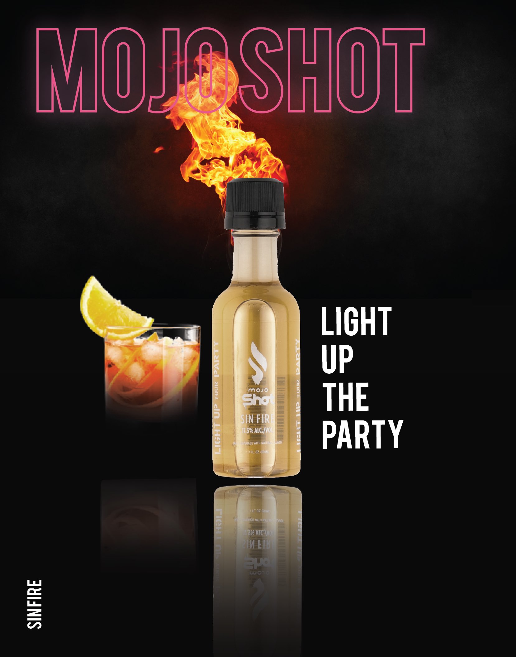 Mojo Shot Smöfire branding image with flaming bottle and cocktail — bold packaging and tagline created by Studio Wisdom
