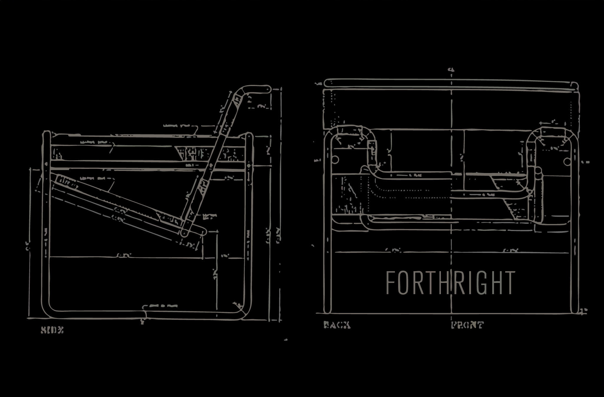 Technical schematic of Forthright furniture with branding overlay, designed as part of the identity system by Studio Wisdom