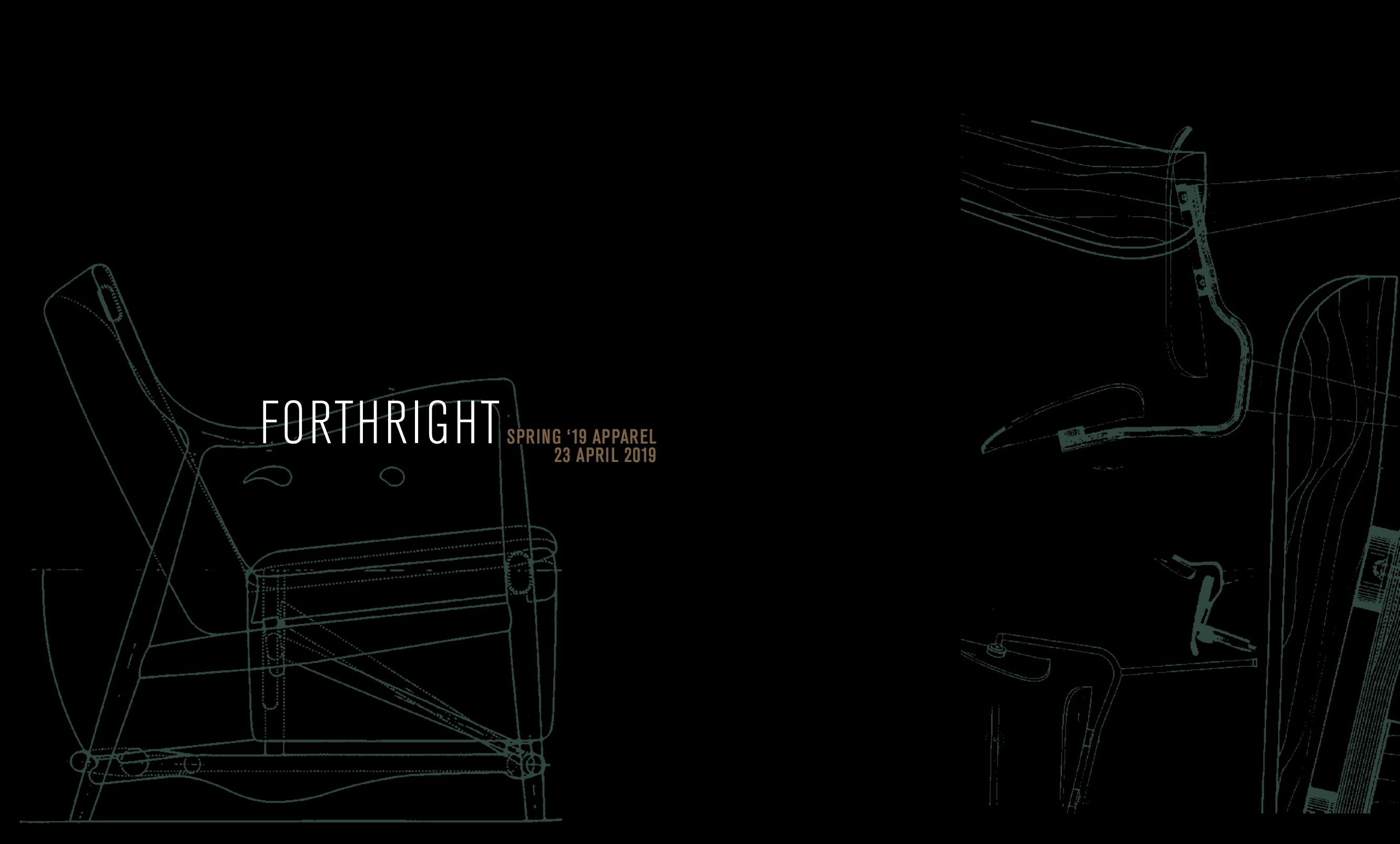 Forthright apparel collection launch screen with illustrated chair design by Studio Wisdom and Jonah Miller