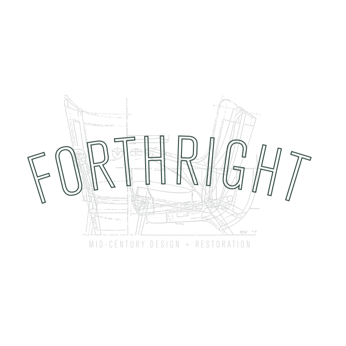 Forthright brand identity with logo overlaying blueprint sketch of a mid-century chair — visualized by Studio Wisdom