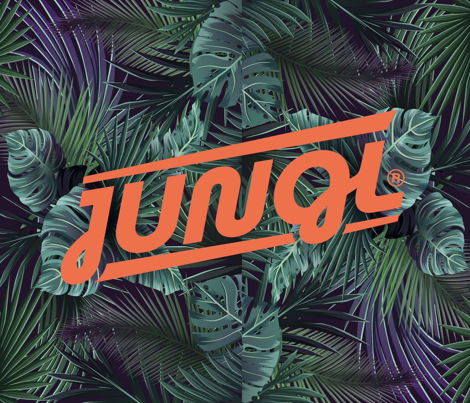 Jungl Coffee logo set against jungle leaf background designed by Studio Wisdom