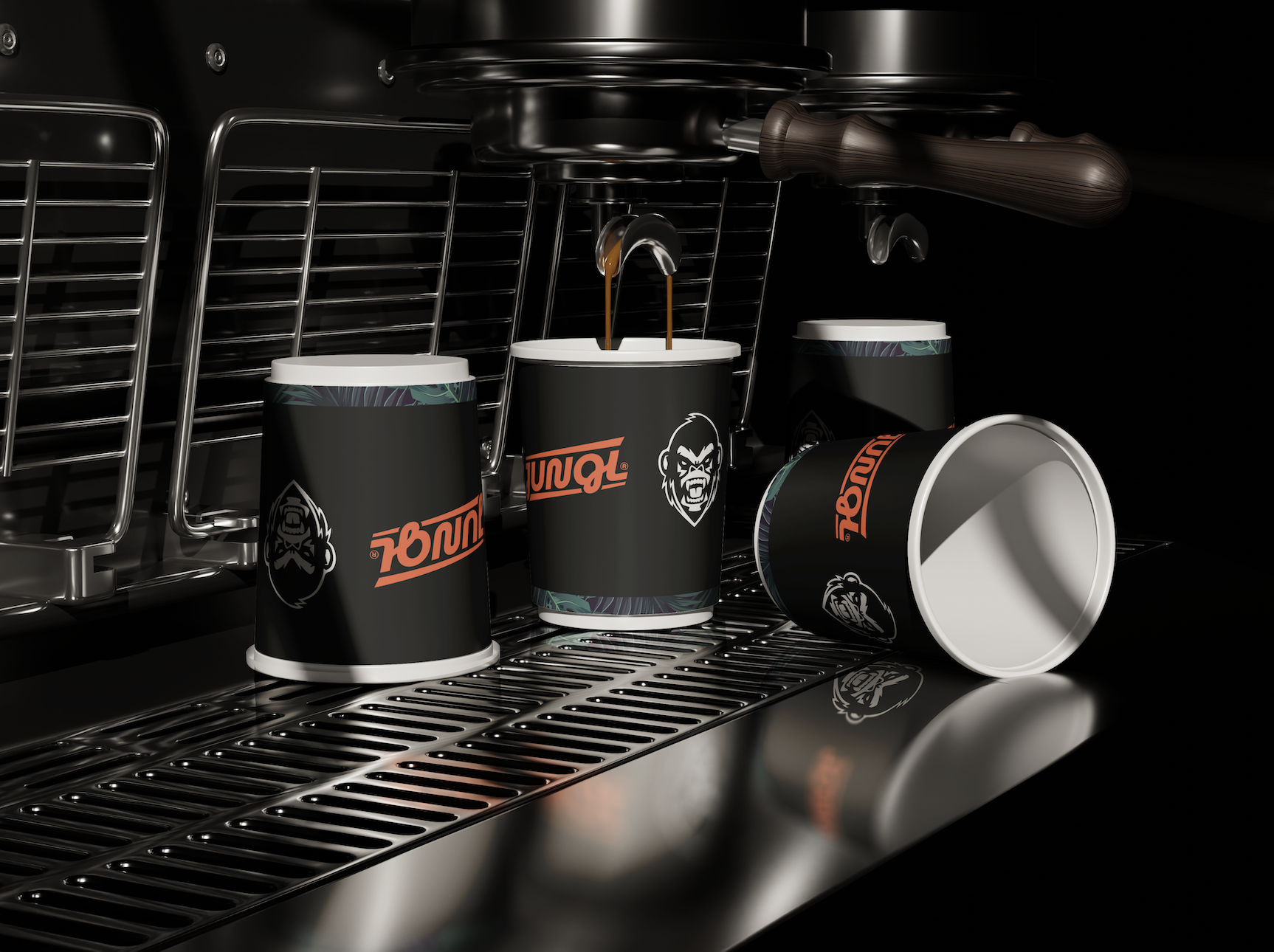 Coffee cup branding mockup for Jungl Coffee with gorilla and logo created by Studio Wisdom