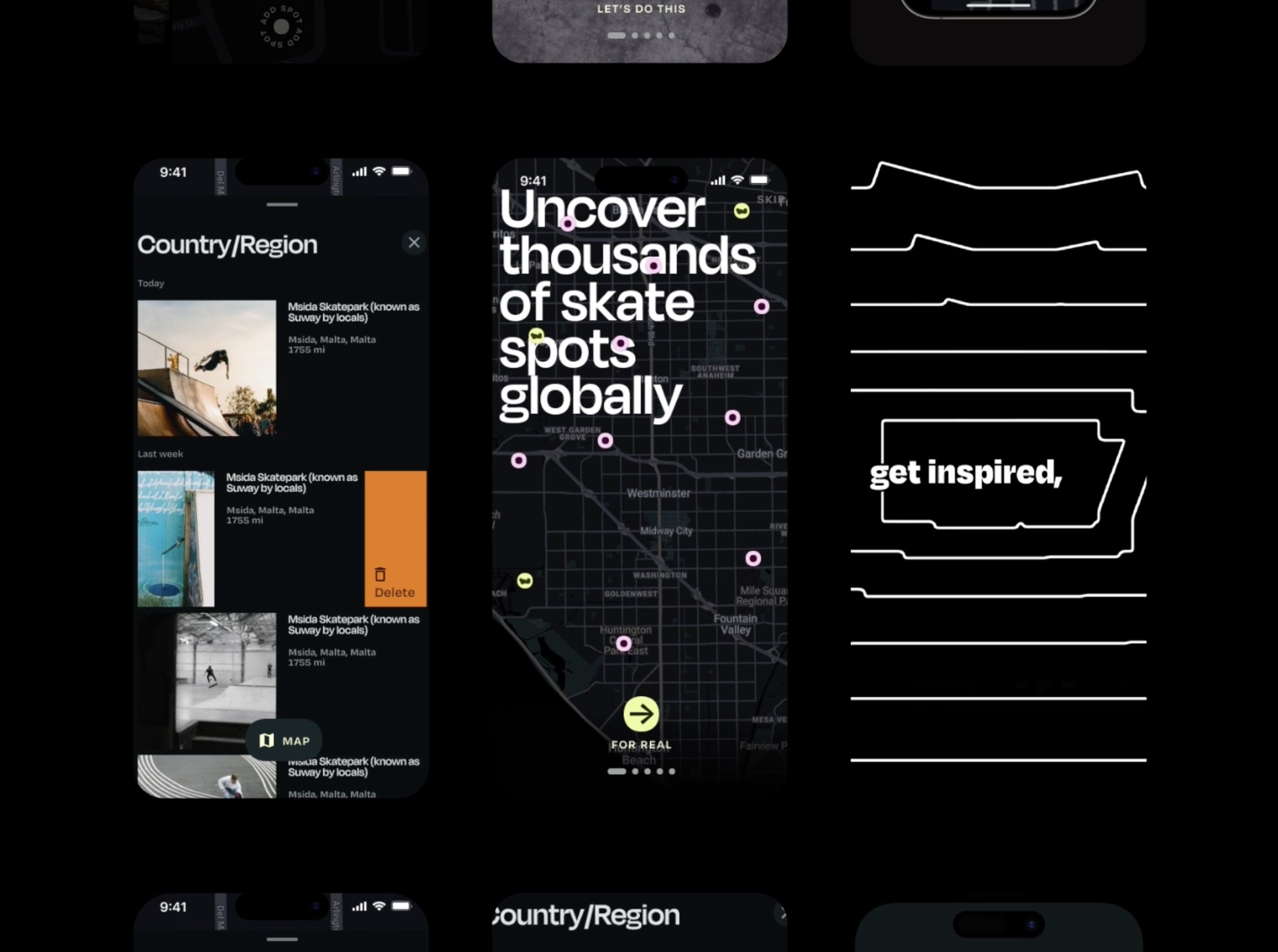 Skate spot map interface on ShredSpots mobile app showing user interaction and UI design by Studio Wisdom for skateboarding community platform