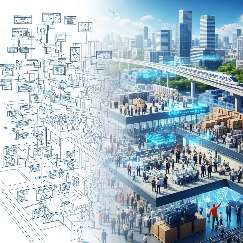 Blueprint transforming to fully constructed and populated building