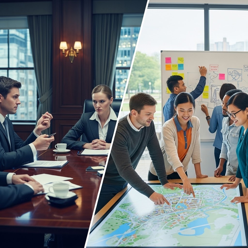 Lawyers meeting vs people cooperatively workshopping
