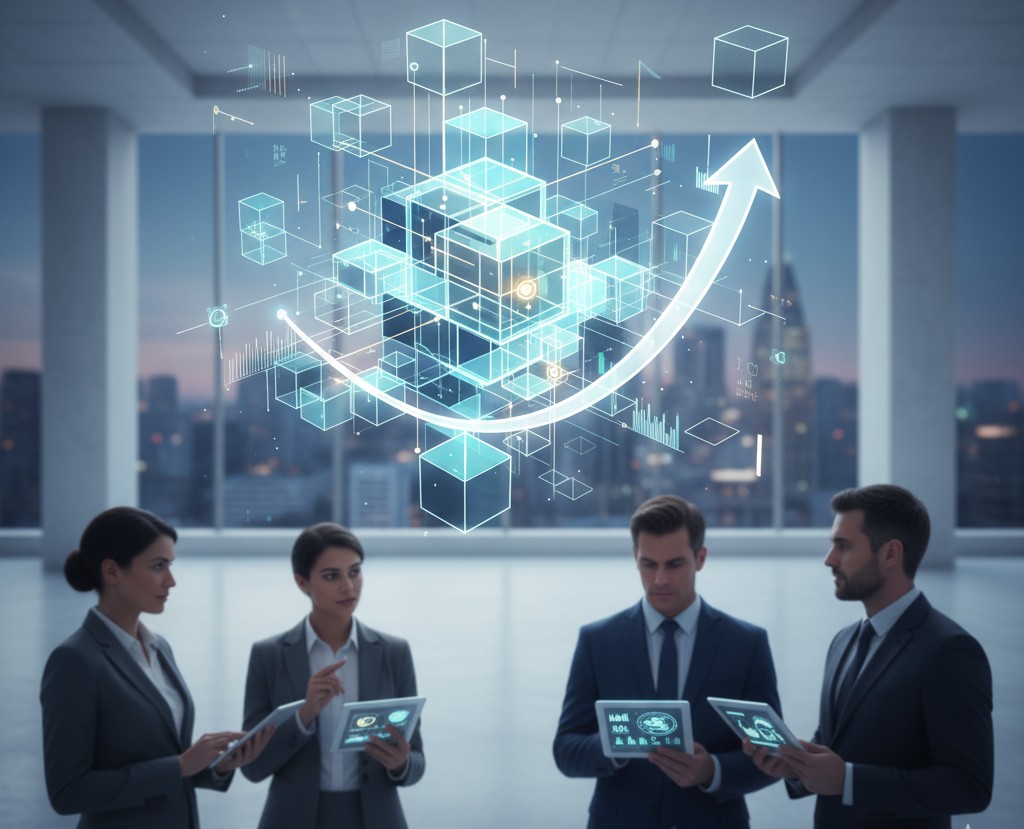 Four people meeting under a 3D cube graph