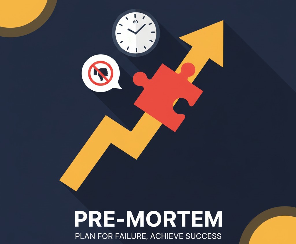 Pre-mortem visual: arrow, jigsaw piece, clock and anti-groupthink thumb symbol