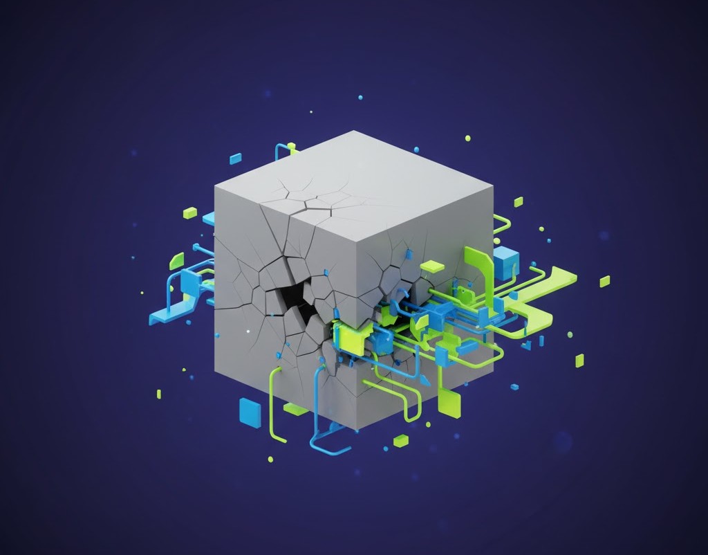 Coloured circuitry style processes breaking through a grey box