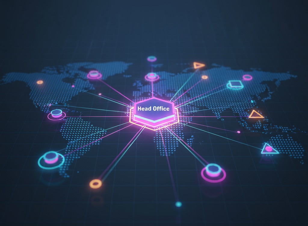 Coloured hub and spoke with head office and decentralised operating units