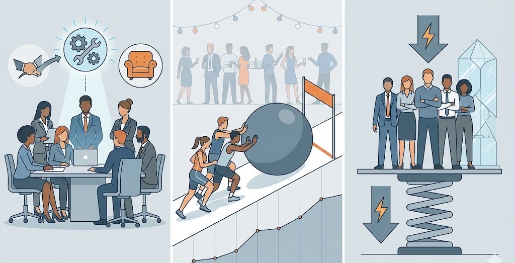 Three-panelled graphic depicting aspects of high-functioning teams