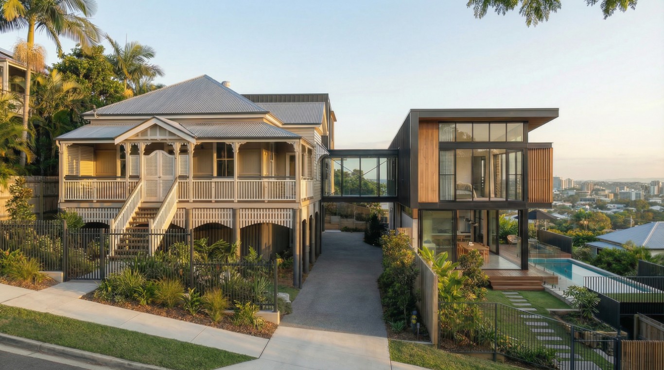Quorum Studios, Brisbane residential architects — Queenslander with contemporary hillside addition in Brisbane character overlay area, pool and city views