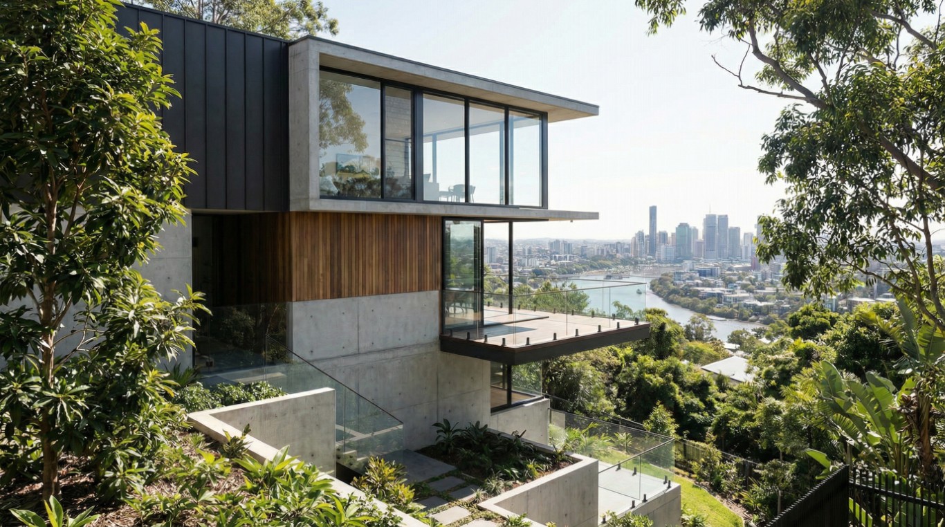 Bespoke residential architect Brisbane — cantilevered Hamilton Hill home with floor-to-ceiling glazing, panoramic Brisbane River and city views, Quorum Studios