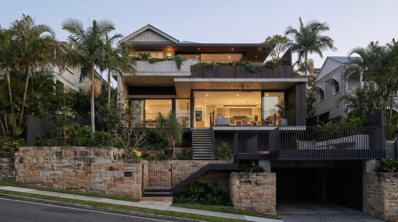 Luxury hillside home on Hamilton Hill Brisbane by Quorum Studios — dark timber and concrete, deep eaves, tropical planting and sandstone retaining walls on a steep sloping block