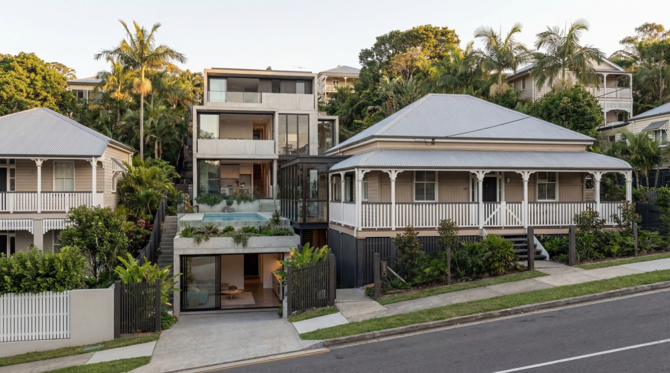Contemporary home beside a heritage Queenslander by Quorum Studios on Hamilton Brisbane hillside — concrete and glass in a heritage overlay area, renovation architect Brisbane