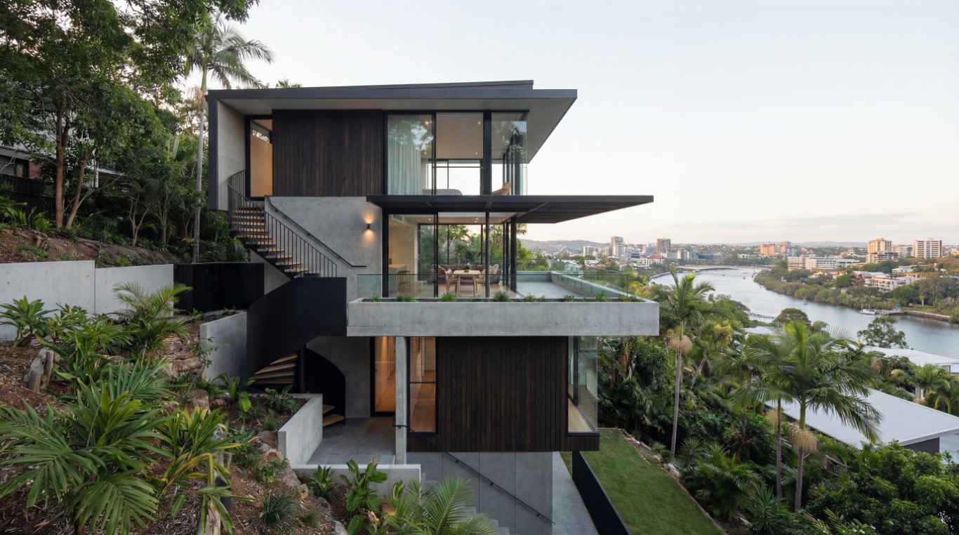 Contemporary home architect Brisbane by Quorum Studios — dark steel and timber on Hamilton Hill, cantilevered deck, louvred screening, subtropical planting, Brisbane River views