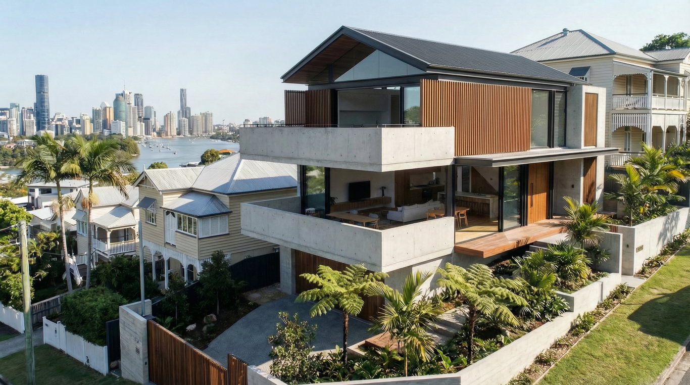 Quorum Studios — restored Paddington Queenslander with ornate white verandah and contemporary glass and timber rear addition