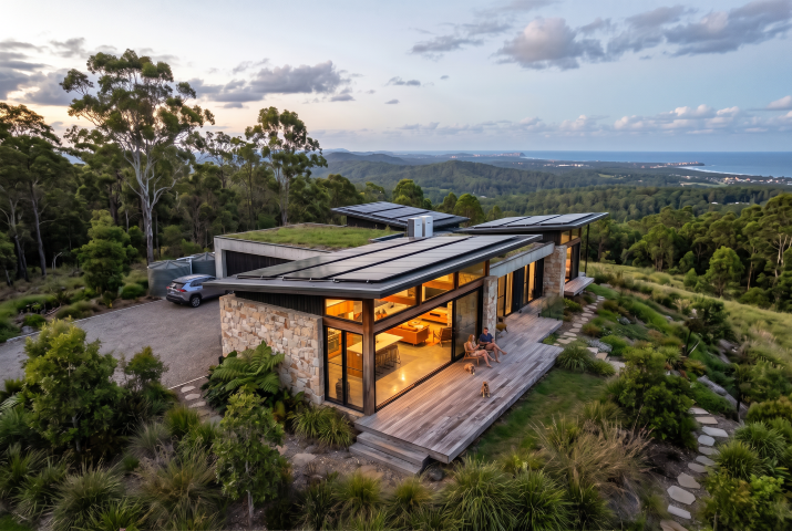 Architect-designed hinterland home near Noosa with stone walls, timber deck, green roof and solar panels, overlooking bushland to the coast at dusk.