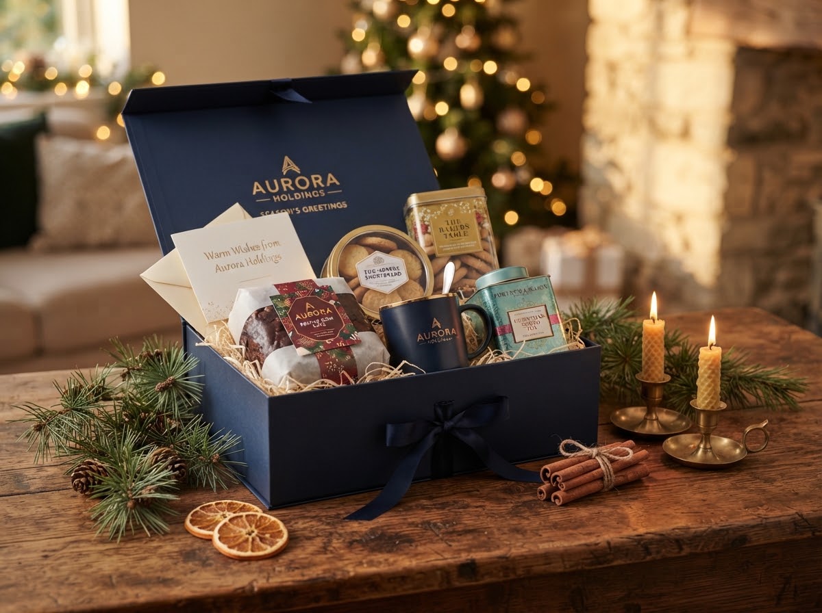 Corporate Christmas gift hamper with plum cake, cookies and a navy mug on a wooden table with pine sprigs and candles