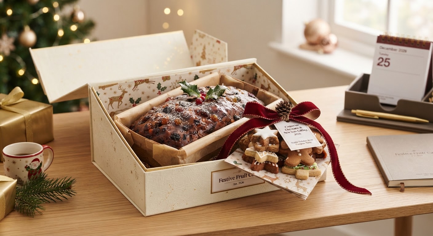 Christmas plum cake and spiced cookies with a festive ribbon