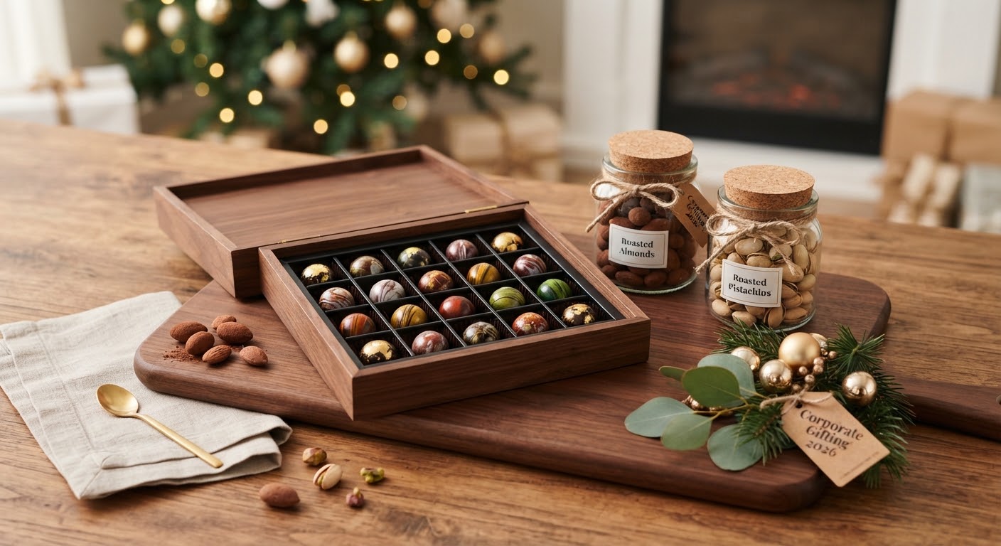 Artisanal chocolates and jars of roasted almonds and pistachios