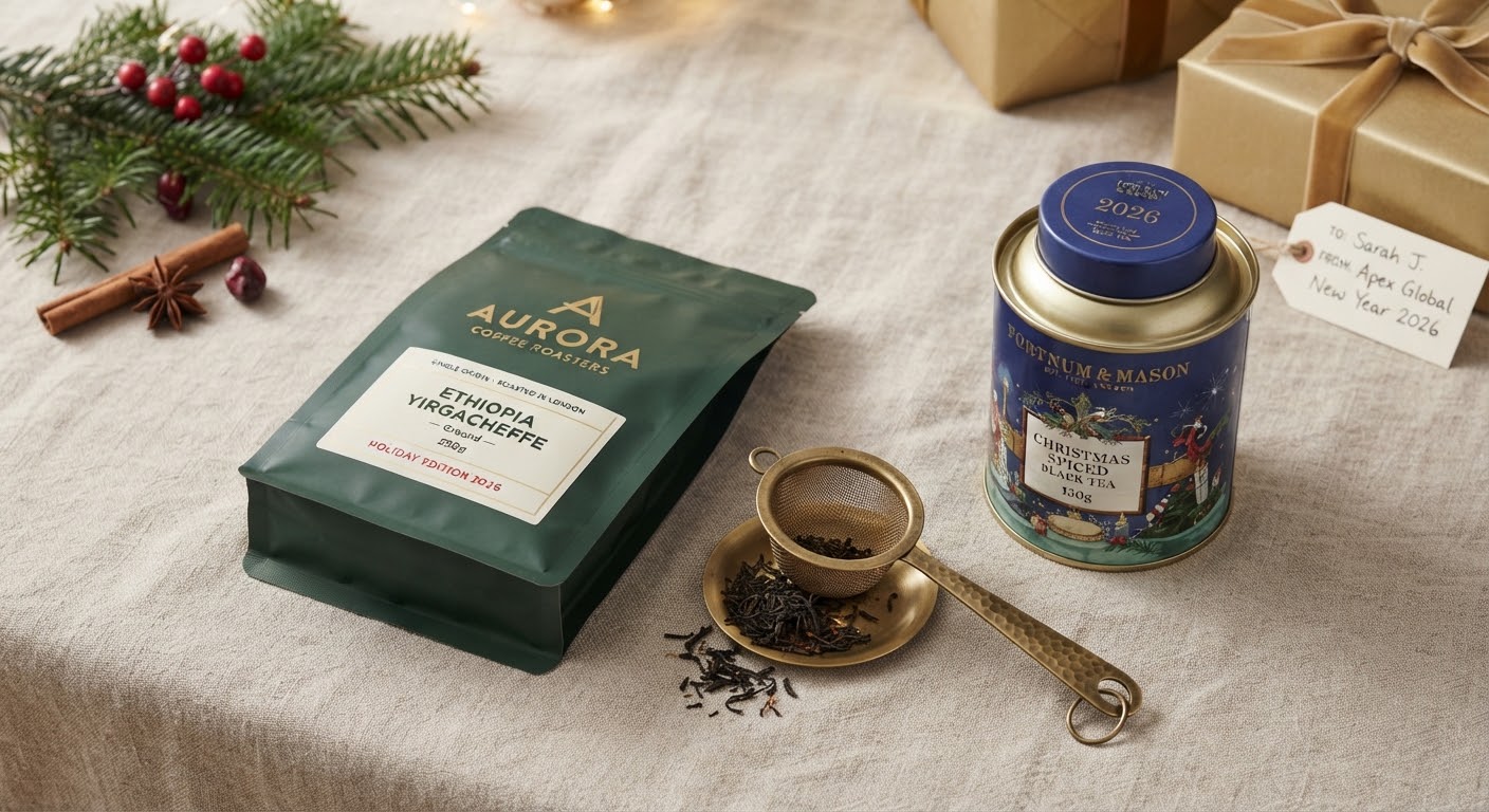 Specialty coffee pouch, brass tea strainer and loose leaf tea canister