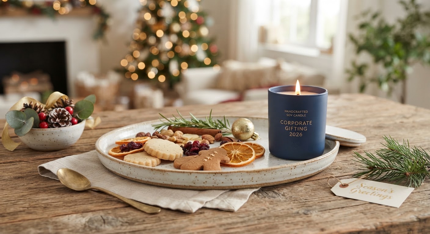 Ceramic serveware platter and navy soy wax candle