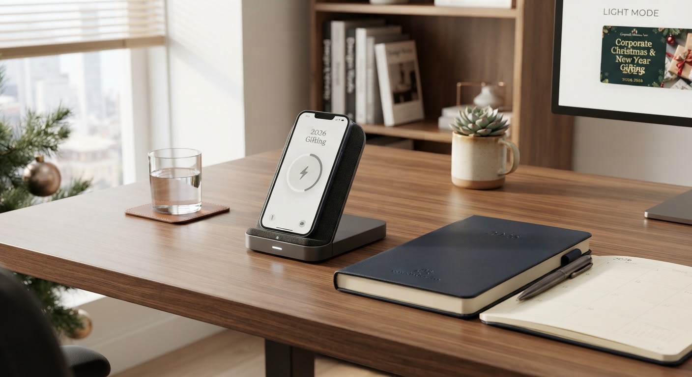 Wireless charging dock and leather notebook on a walnut desk