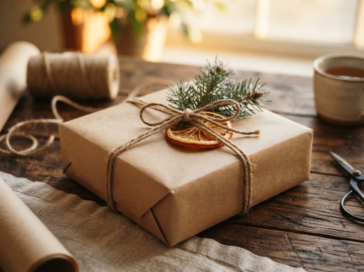 Gift wrapped in kraft paper and twine with a dried orange slice and pine twig