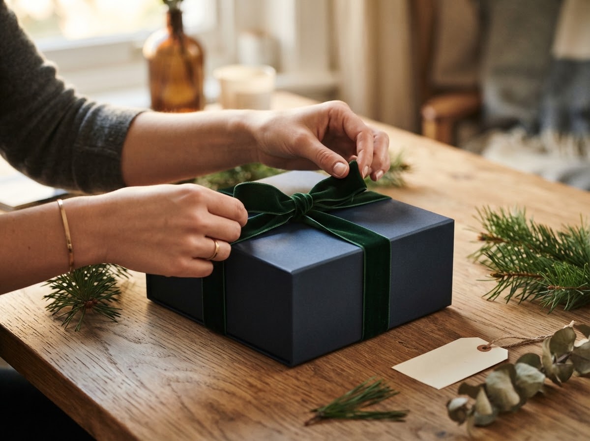 Hands tying a green velvet ribbon around a navy corporate gift box
