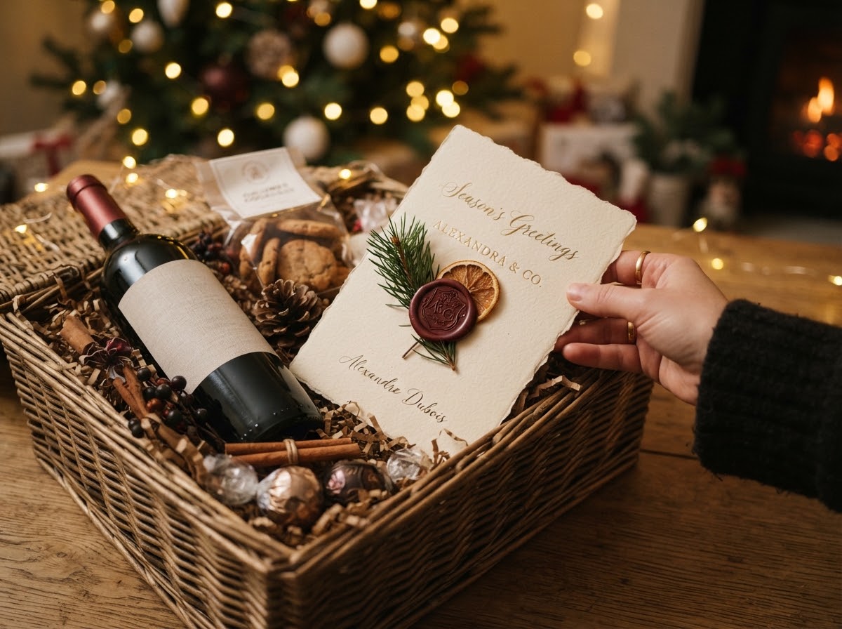 Personalised Christmas greeting card with a burgundy wax seal placed into a hamper