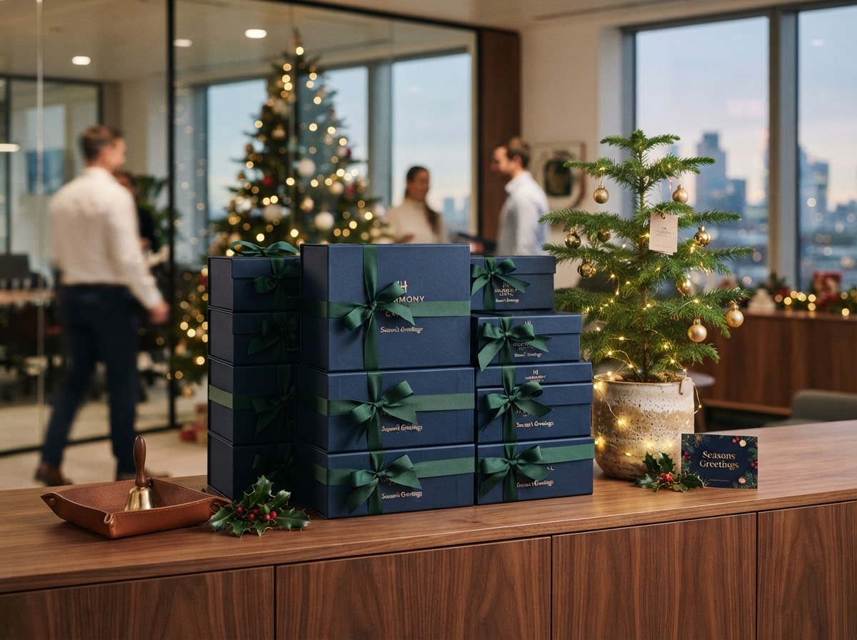 Stacked navy branded gift boxes tied with green ribbons beside a small potted pine tree