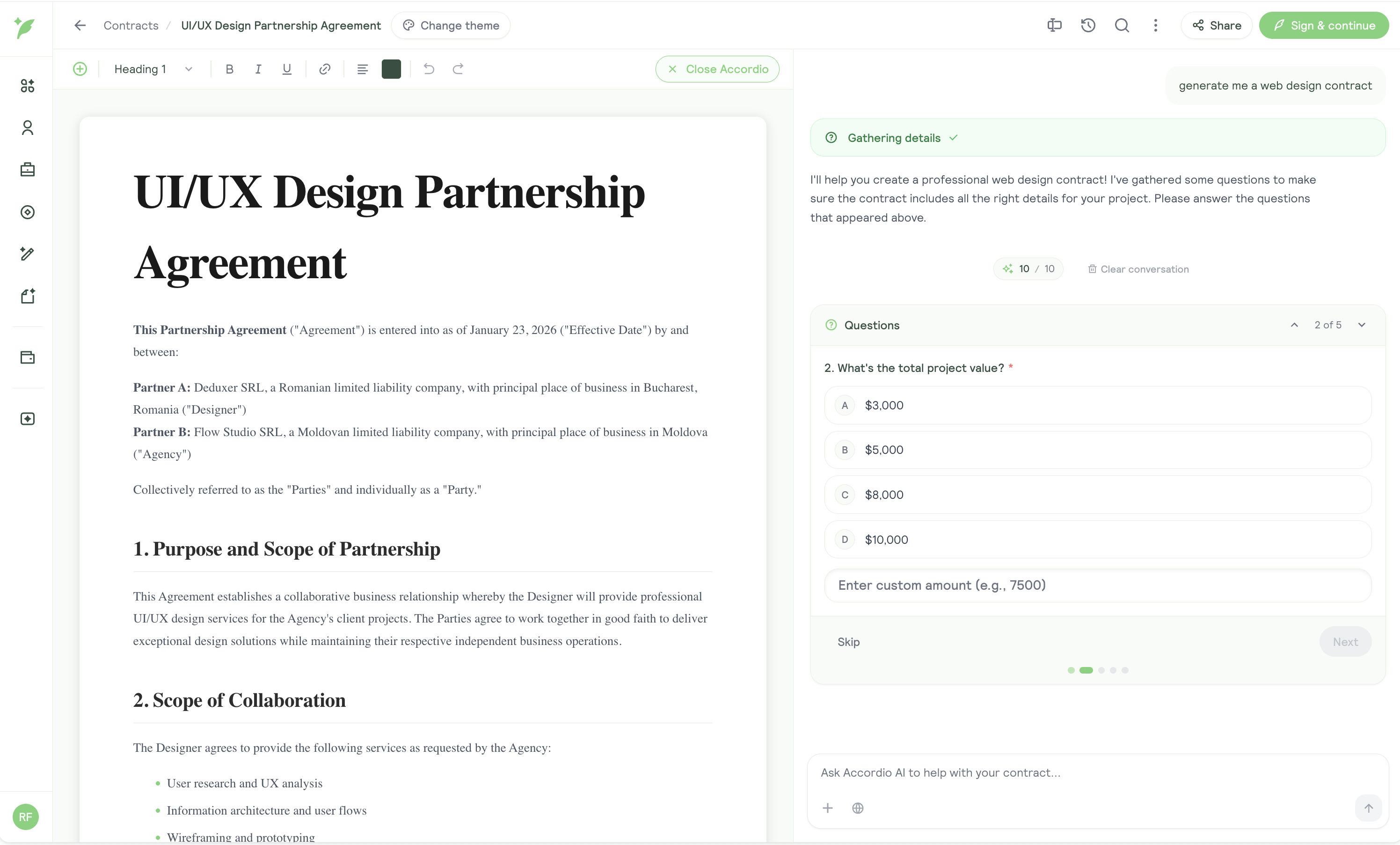 Dashboard showing $35,700 earned this month, chat window for generating a landing page contract, and a quick actions list with three tasks.