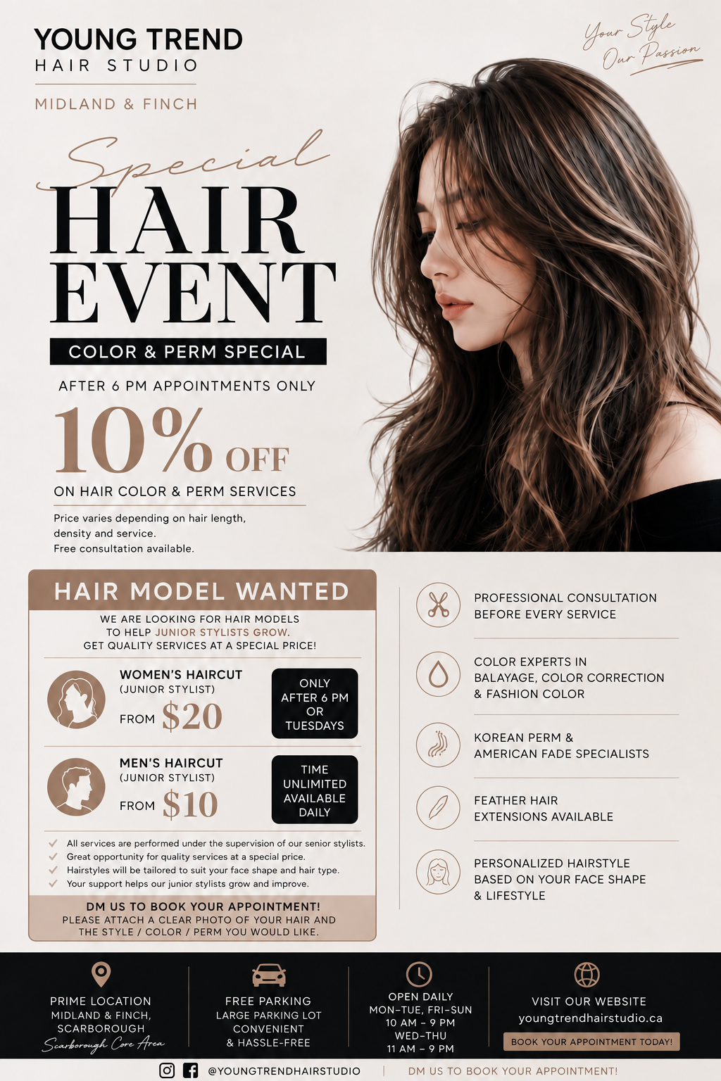 Young Trend Midland & Finch special hair event. Operating hours: Monday, Tuesday, Friday, Saturday and Sunday 10 AM–9 PM; Wednesday and Thursday 11 AM–9 PM.
