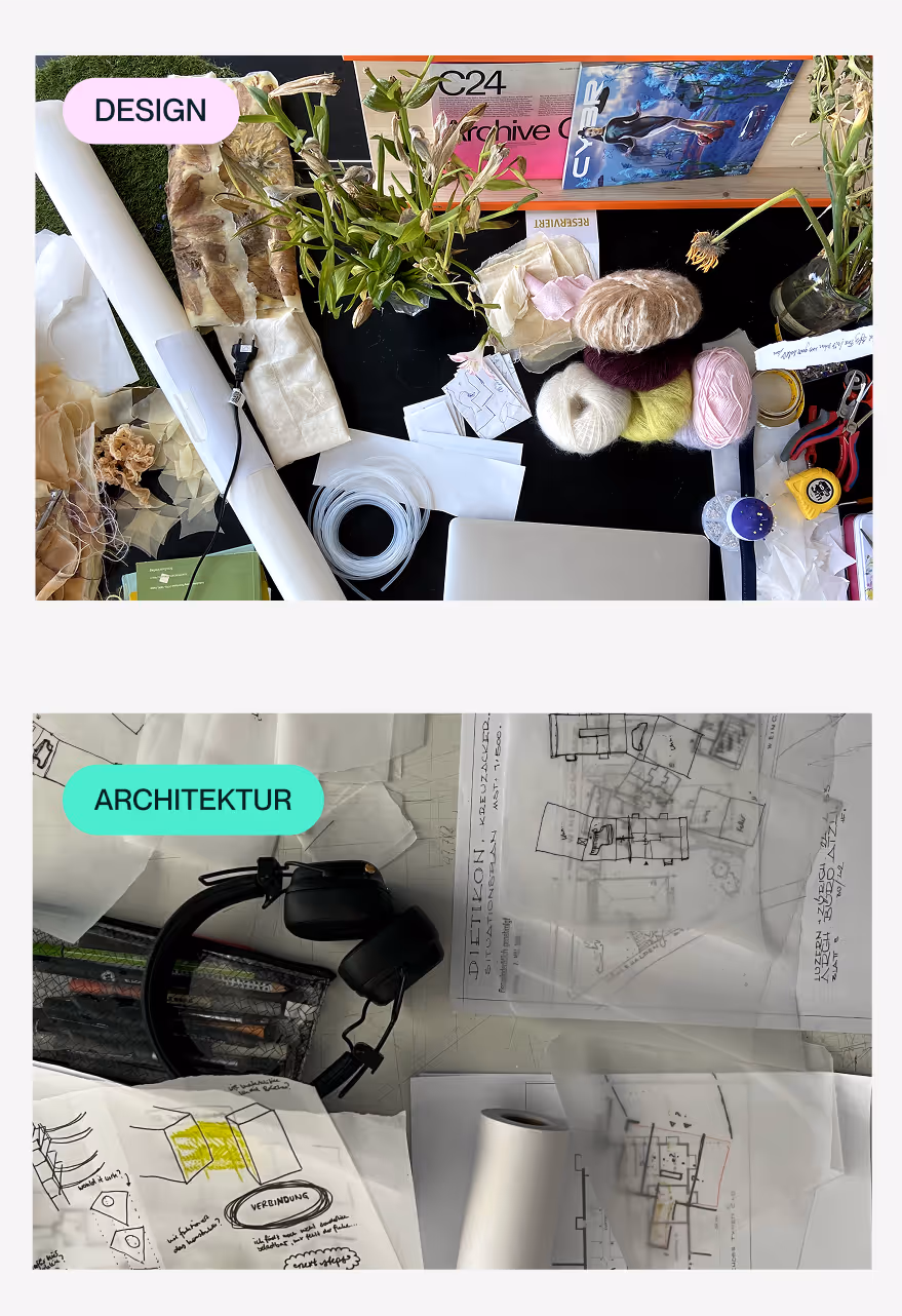 Zwei Bilder von zwei verschiedenen chaotischen Arbeitsplätzen, auf denen jeweils "Architektur" und "Design" steht