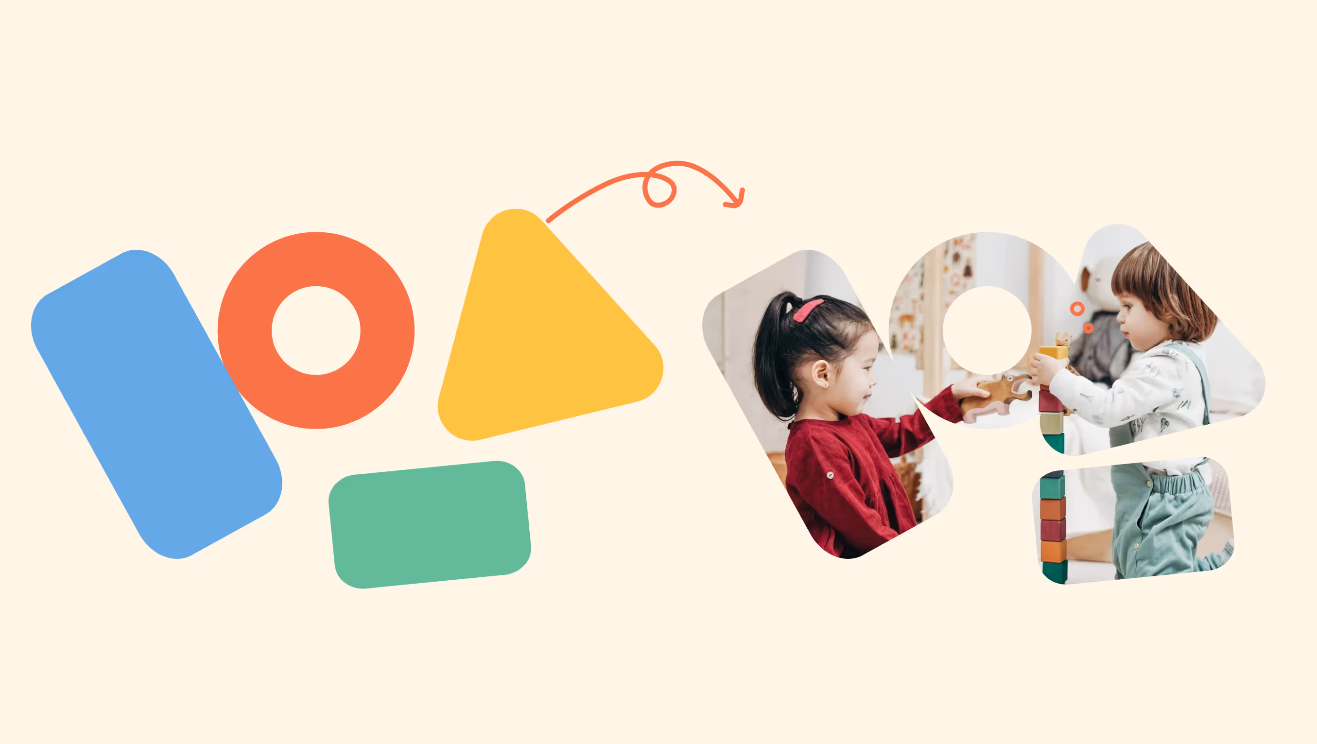 Freie bunte Formen dienen als Masken für ein Bild, auf dem Kinder mit Holzspielzeug spielen