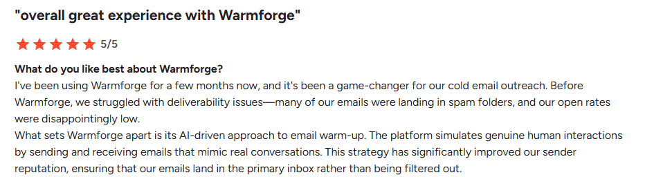 Warmforge user review on G2.com