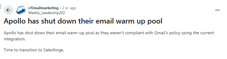 Apollo.io user review on Reddit