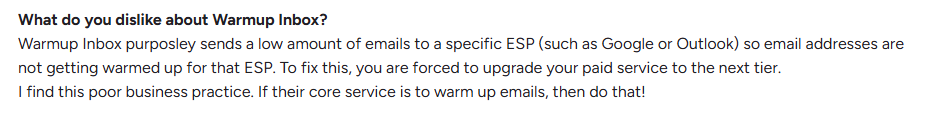 Warmup inbox user review on G2.com
