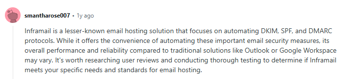 Inframail user review on Reddit