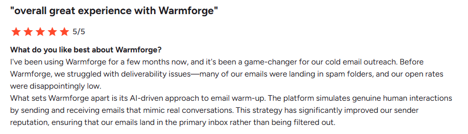 Warmforge user review on G2.com