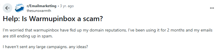 WarmupInbox user review on Reddit